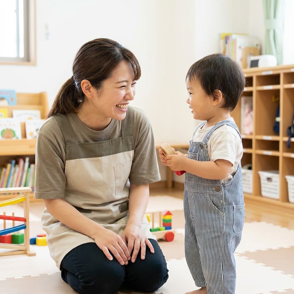優しい笑顔の保育士と子供の触れ合い
